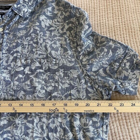 Banana Republic Linen Button Up Shirt Men Sz L Blue Chambray Floral Short Sleeve - Picture 9 of 11